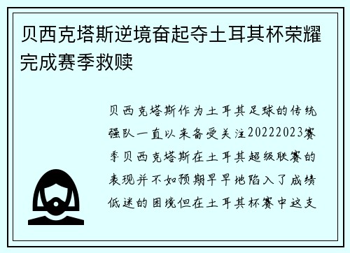 贝西克塔斯逆境奋起夺土耳其杯荣耀完成赛季救赎